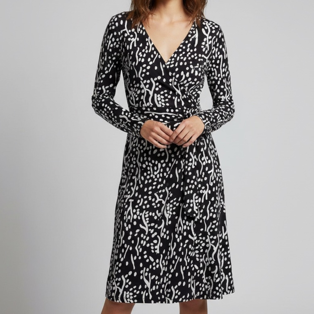DVF Diane Von Furstenberg Black White Wrap Dress Long Sleeve